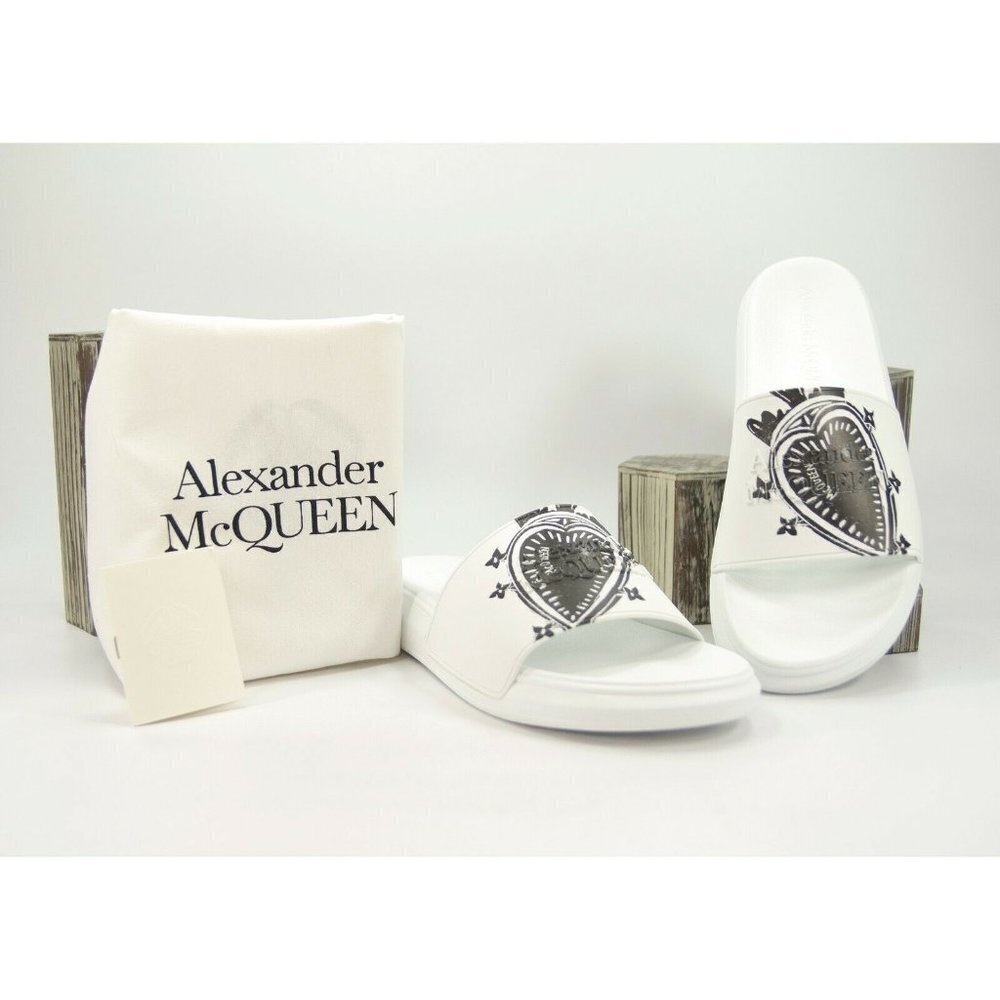 Alexander McQueen Mens White Heart Logo Leather Rubber Pool Slides NIB